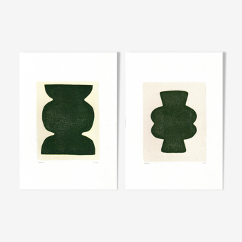 Duo of paintings on paper - pow and mood - dark green - signed eawy