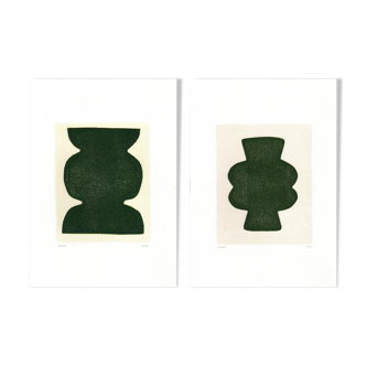 Duo de peintures sur papier - pow et mood - vert foncé - signées eawy