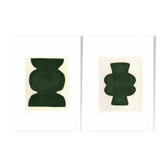 Duo of paintings on paper - pow and mood - dark green - signed eawy