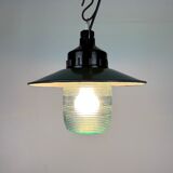 Industrial bakelite green enamel pendant light with ribbed glass, 1970s