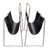 Pair of vintage magazine racks in chromed metal and black leatherette - 1970s