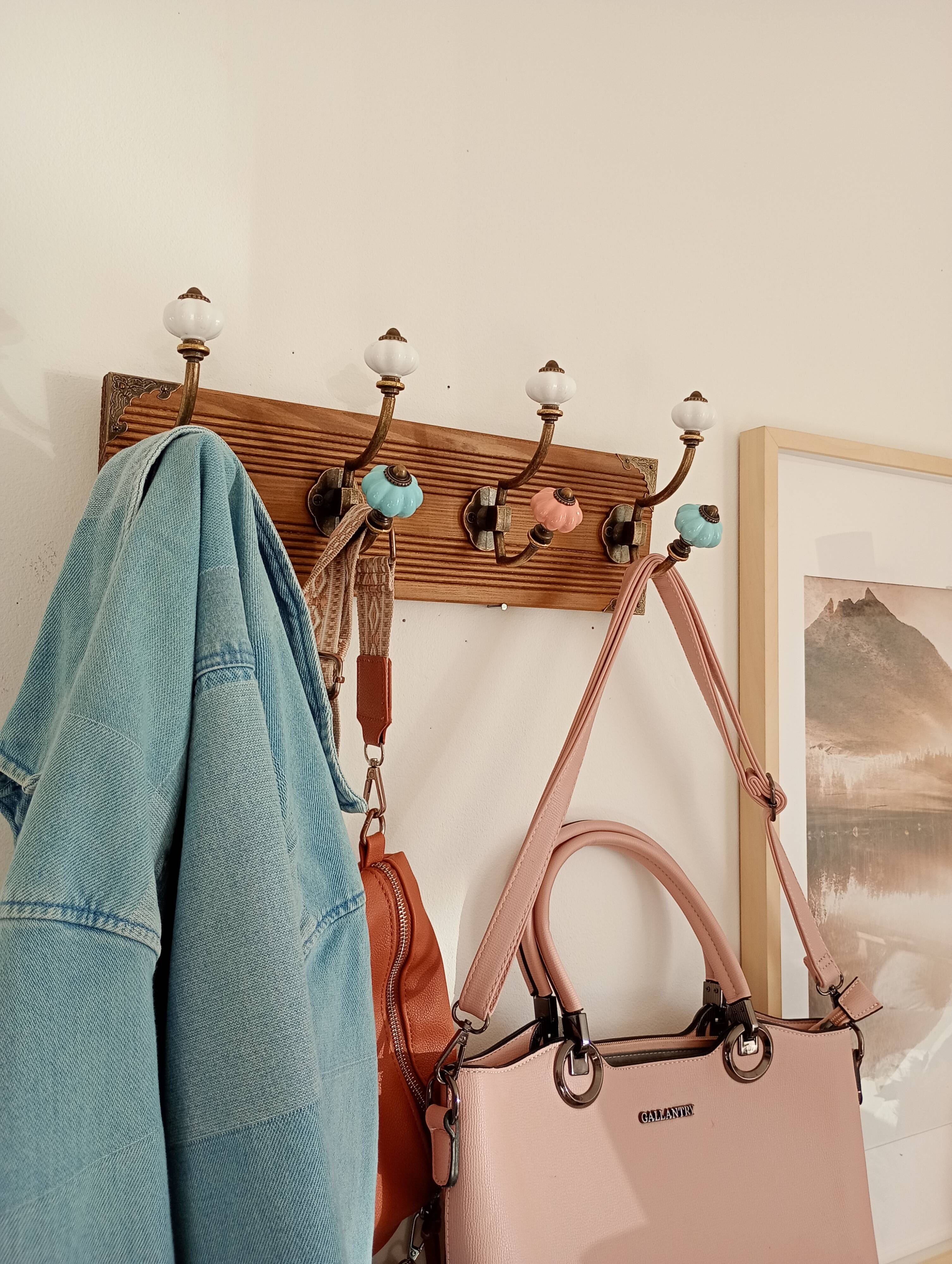 Wall-mounted coat rack with 8 hooks – vintage style – stained wood & metal
