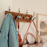 Wall-mounted coat rack with 8 hooks – vintage style – stained wood & metal