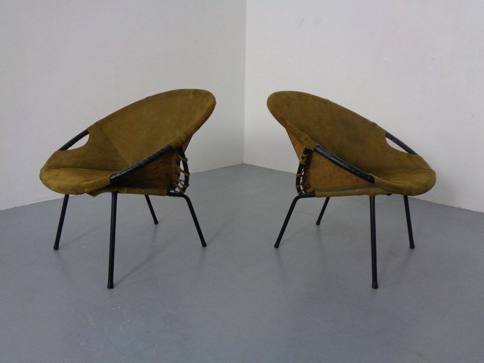 Olive Green Suede Balloon Chairs from Lusch, Germany, 1960s, Set of 2