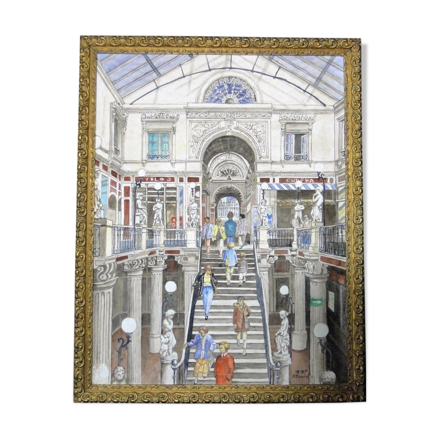 Aquarelle sur papier 1995 signe R. Daniel intérieur du passage Pommeraye