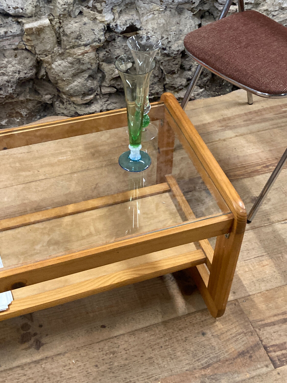Coffee table in pine and glass Regain 1980