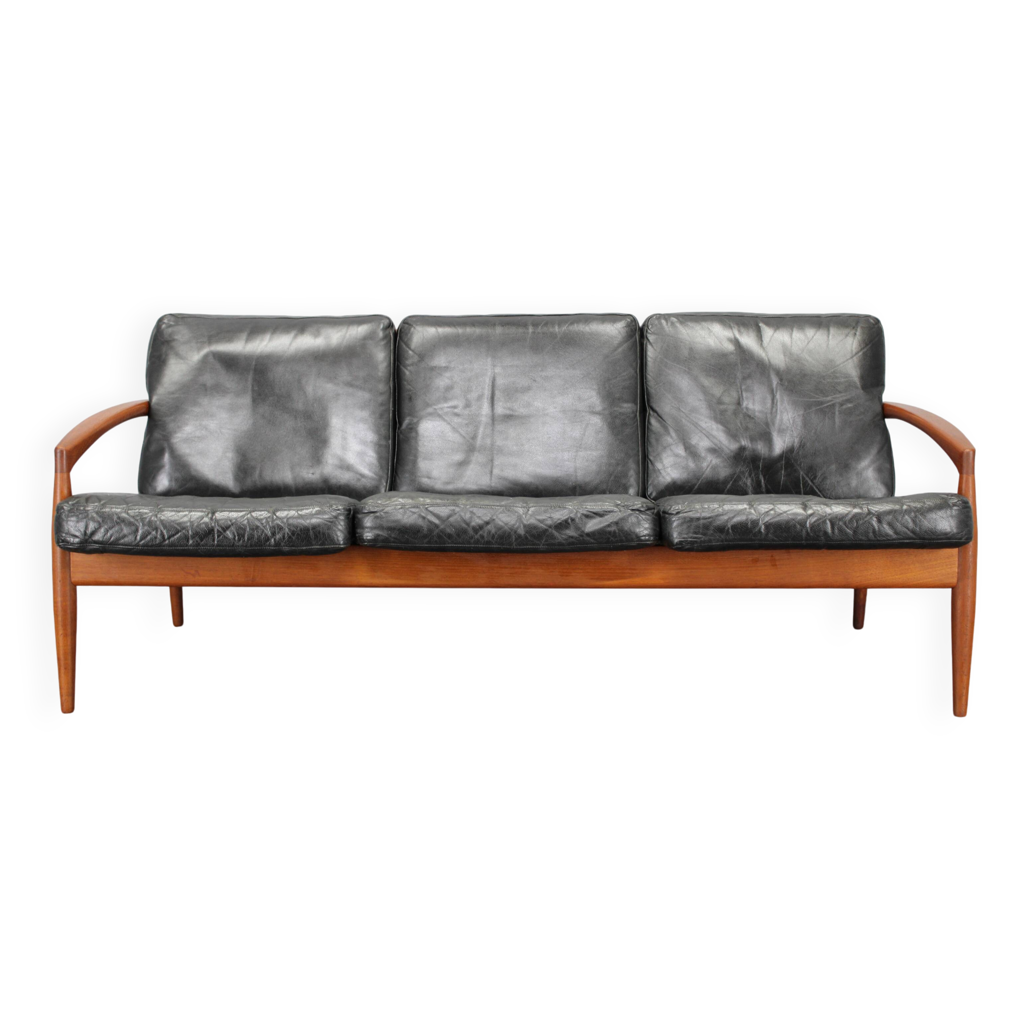 1960s Kai Kristiansen Paper Knife 3-Seater Teak Sofa in Leather , Denmark