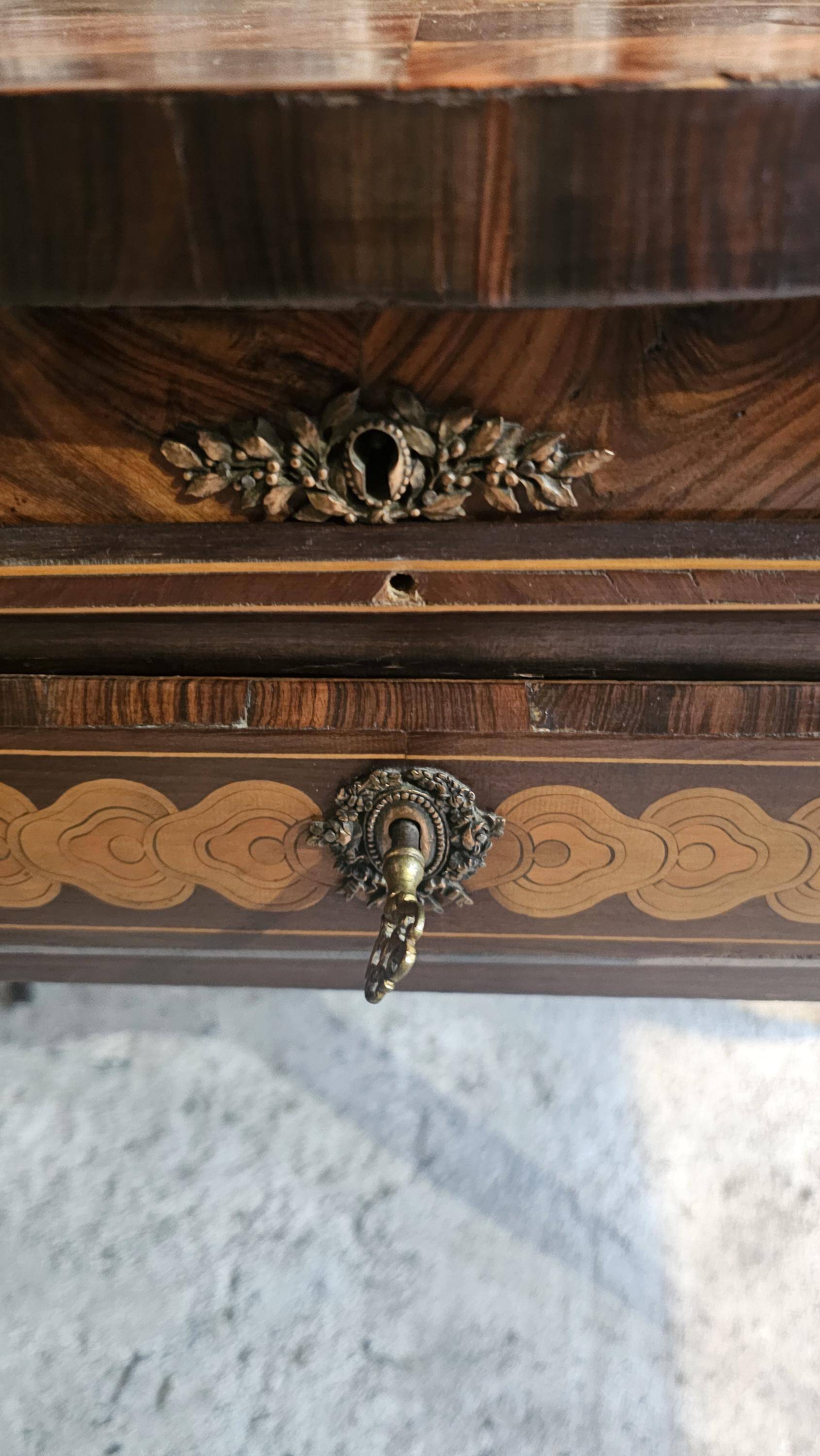 French marquetry dressing table, circa 1900, with adjustable mirror and storage.