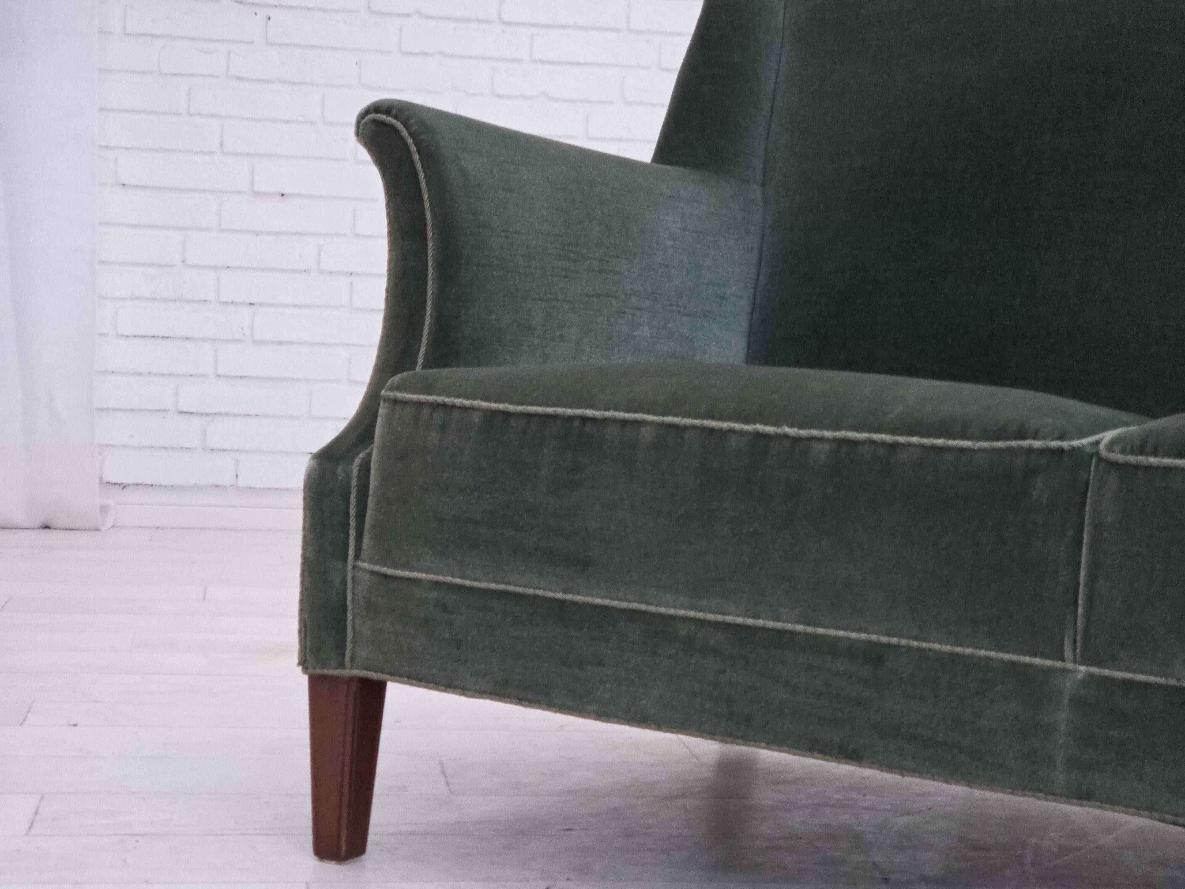 1960s, Danish 3-seater sofa, original turquoise-green furniture velour.