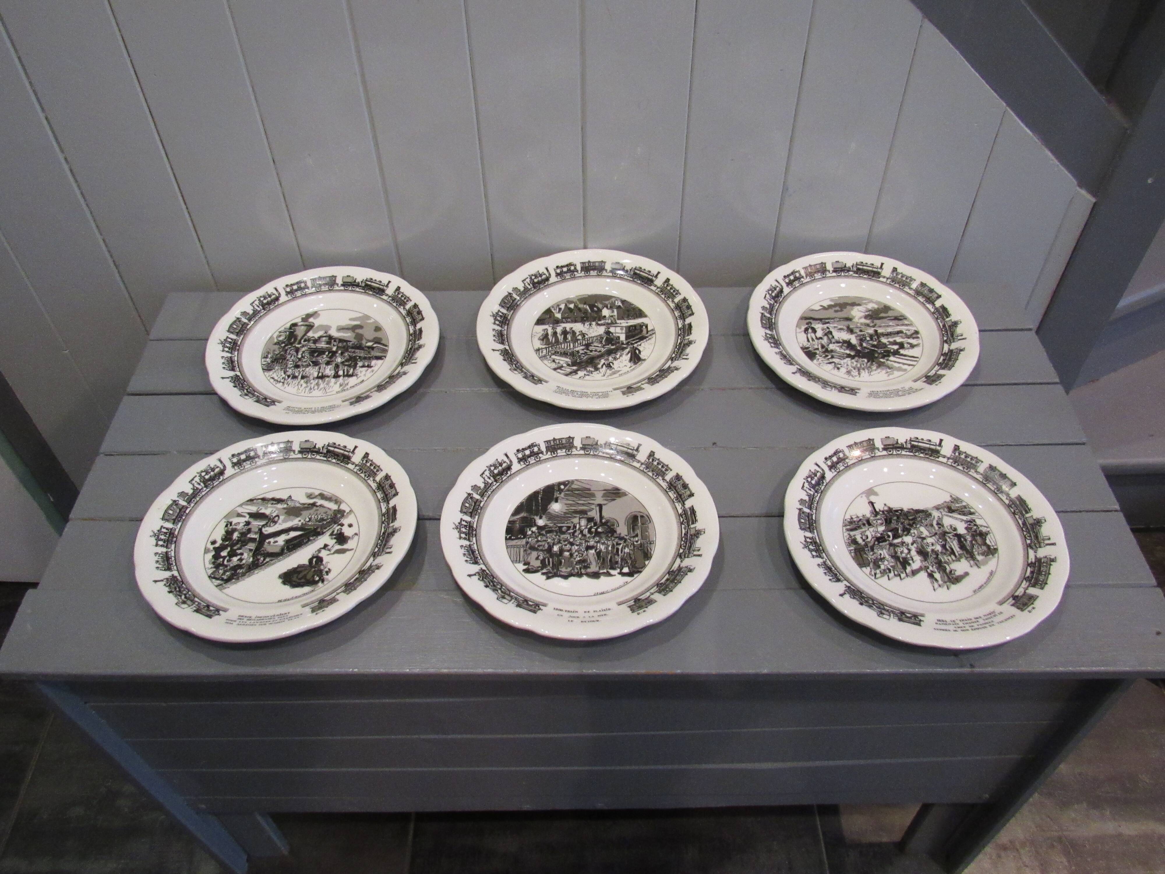 Set of 6 humorous plates on the Train Delarue-nouvellière Gien