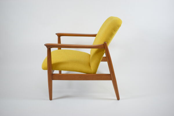 Fauteuil vintage design E.Homa, années 1960, entièrement restauré, tissu jaune