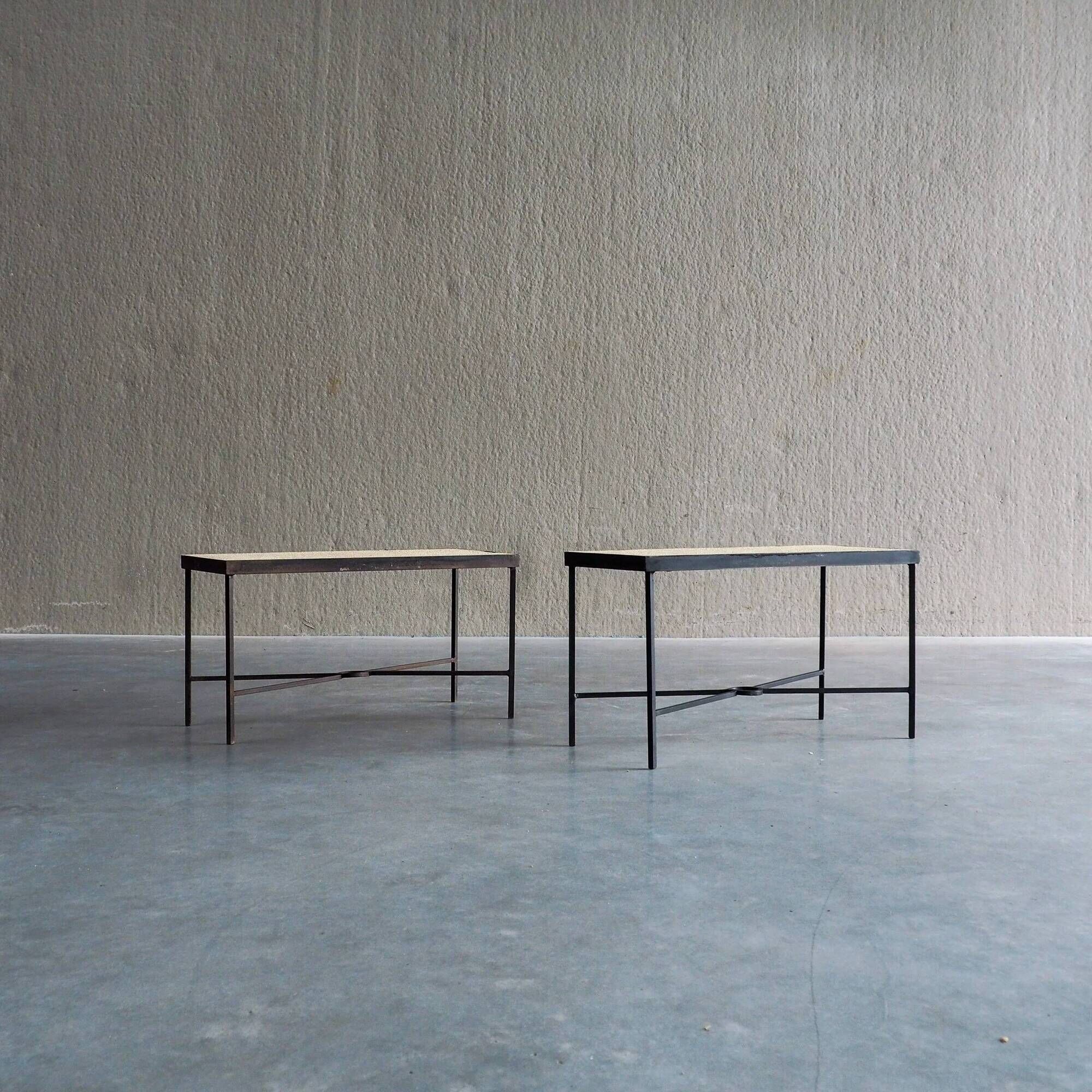 Set of 2 minimalist metal side tables with plaster-fiber tops