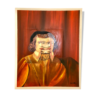Peinture huile l'homme aux 3 visages école française XXème signature XII 90