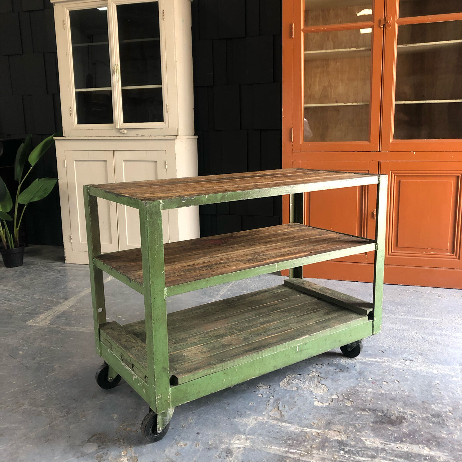 Industrial trolley with shelves, wood and metal