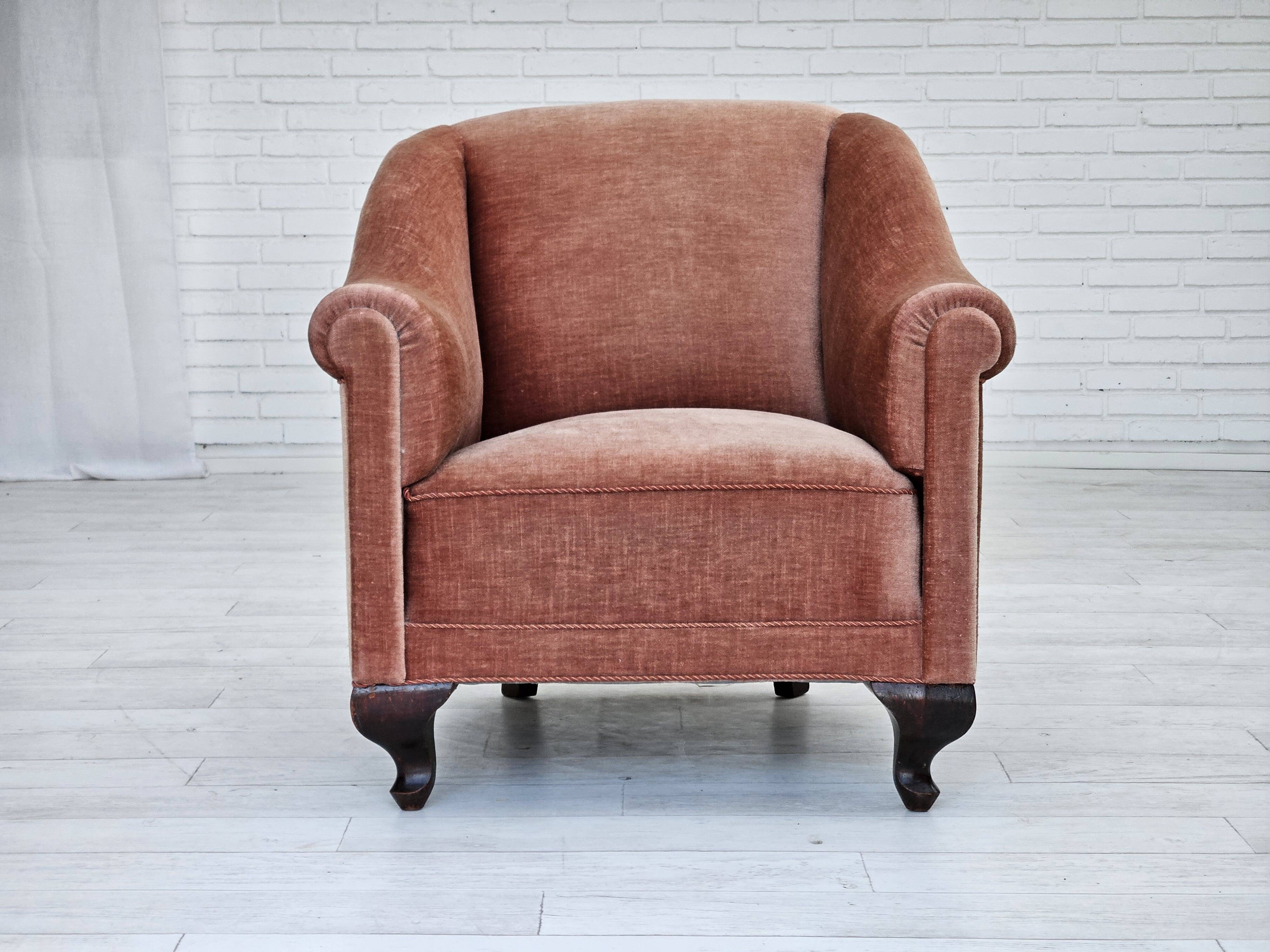 1960s, Danish armchair, salmon pink furniture velour, ash wood legs.