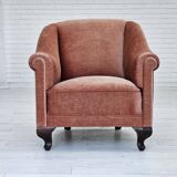 1960s, Danish armchair, salmon pink furniture velour, ash wood legs.
