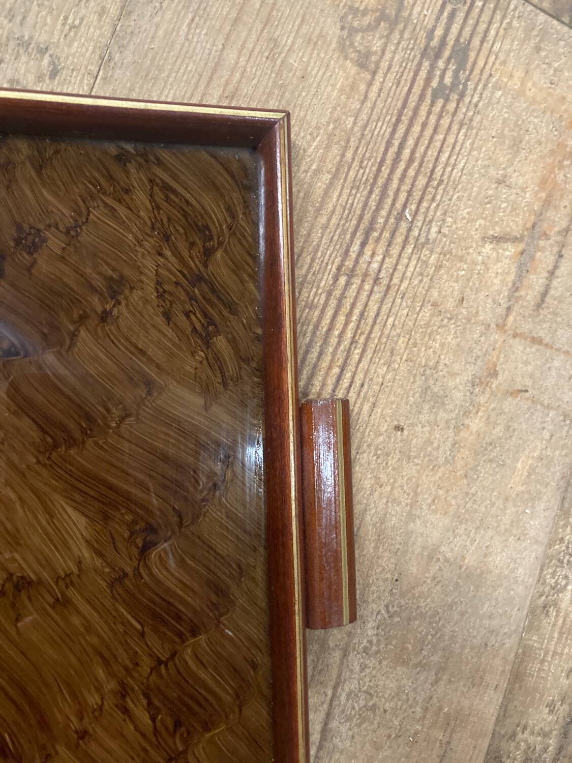 Rectangular art deco wood and glass tray