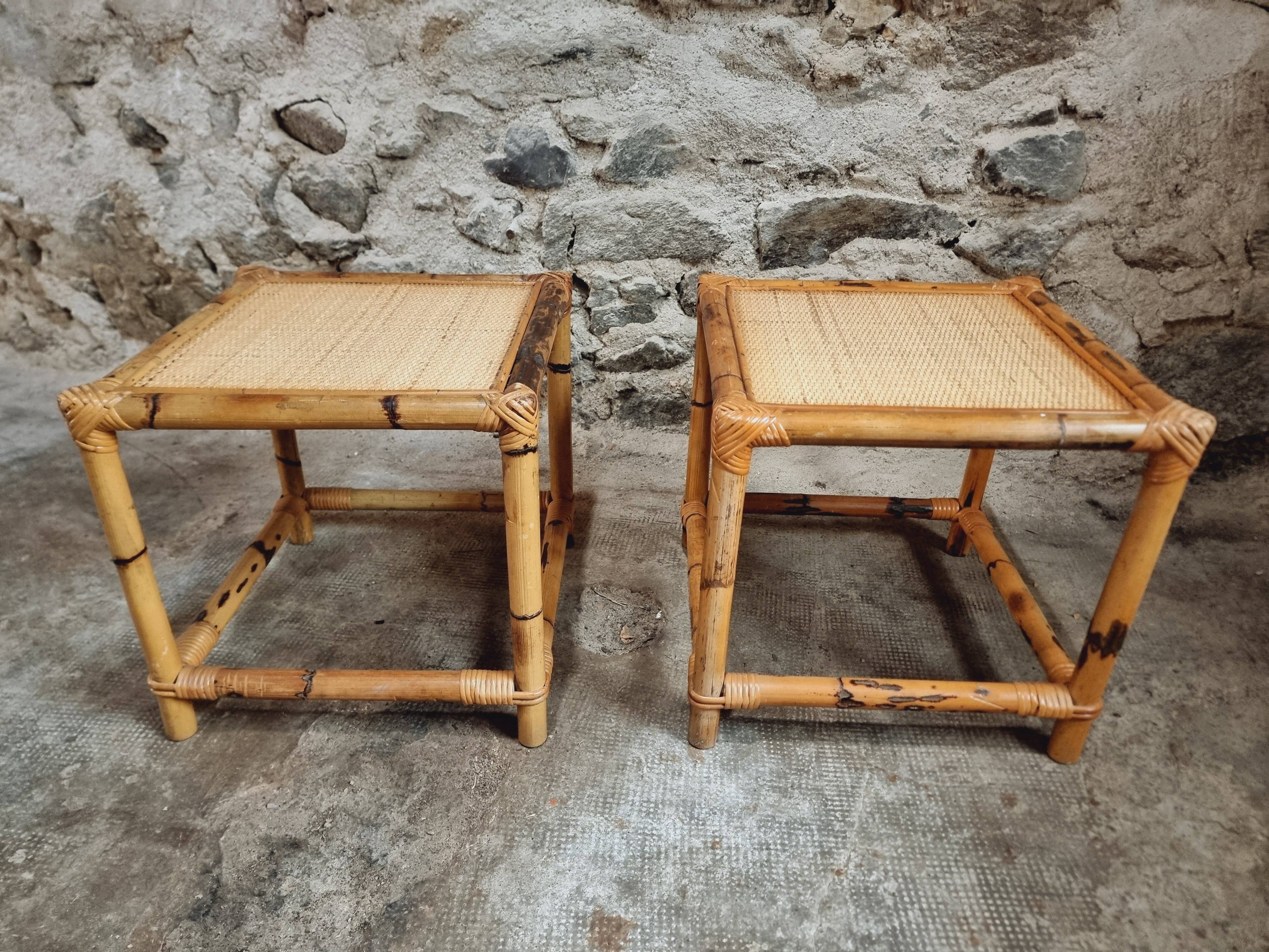 Vintage bamboo and rattan side tables – France, 1970s