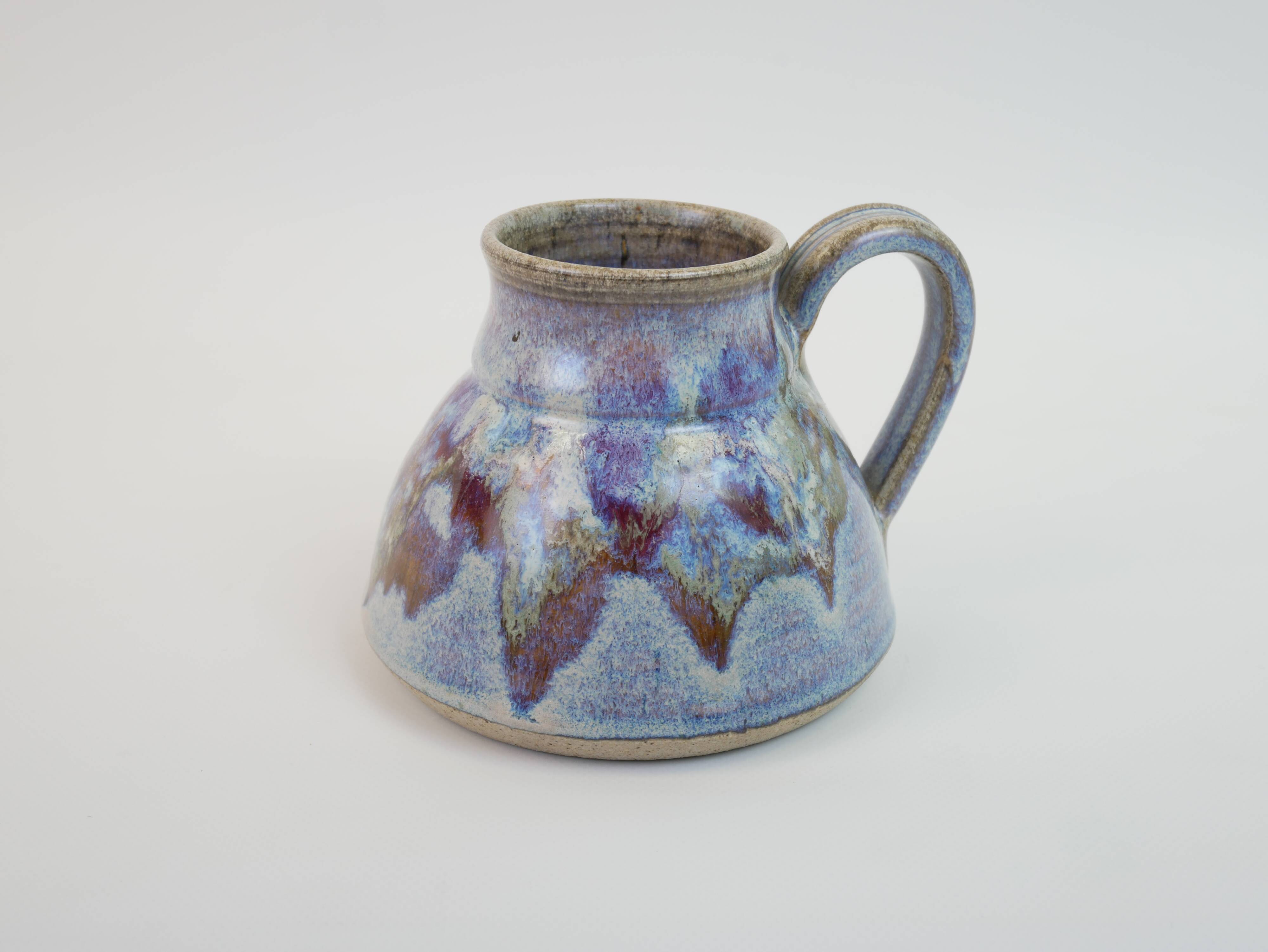 signed blue purple enamel ceramic pitcher