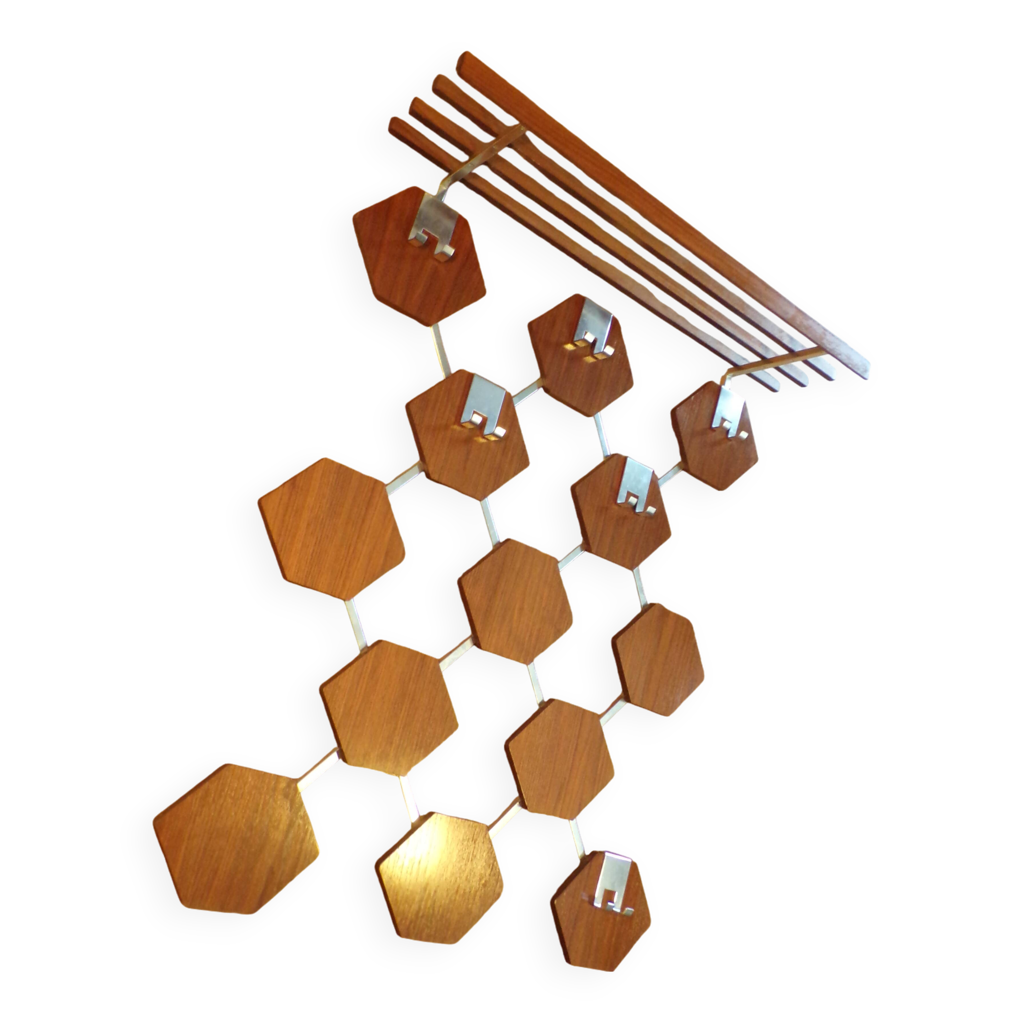 Portemanteau mural hexagones de teck 1970