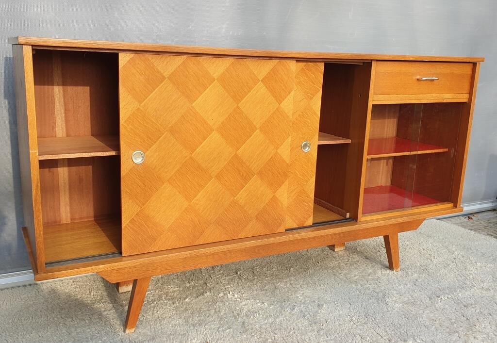 Sideboard 1960 diamond marquetry and showcase 180x45