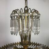 Lustre couronne en laiton doré et papilles en cristal 3 feux 1970