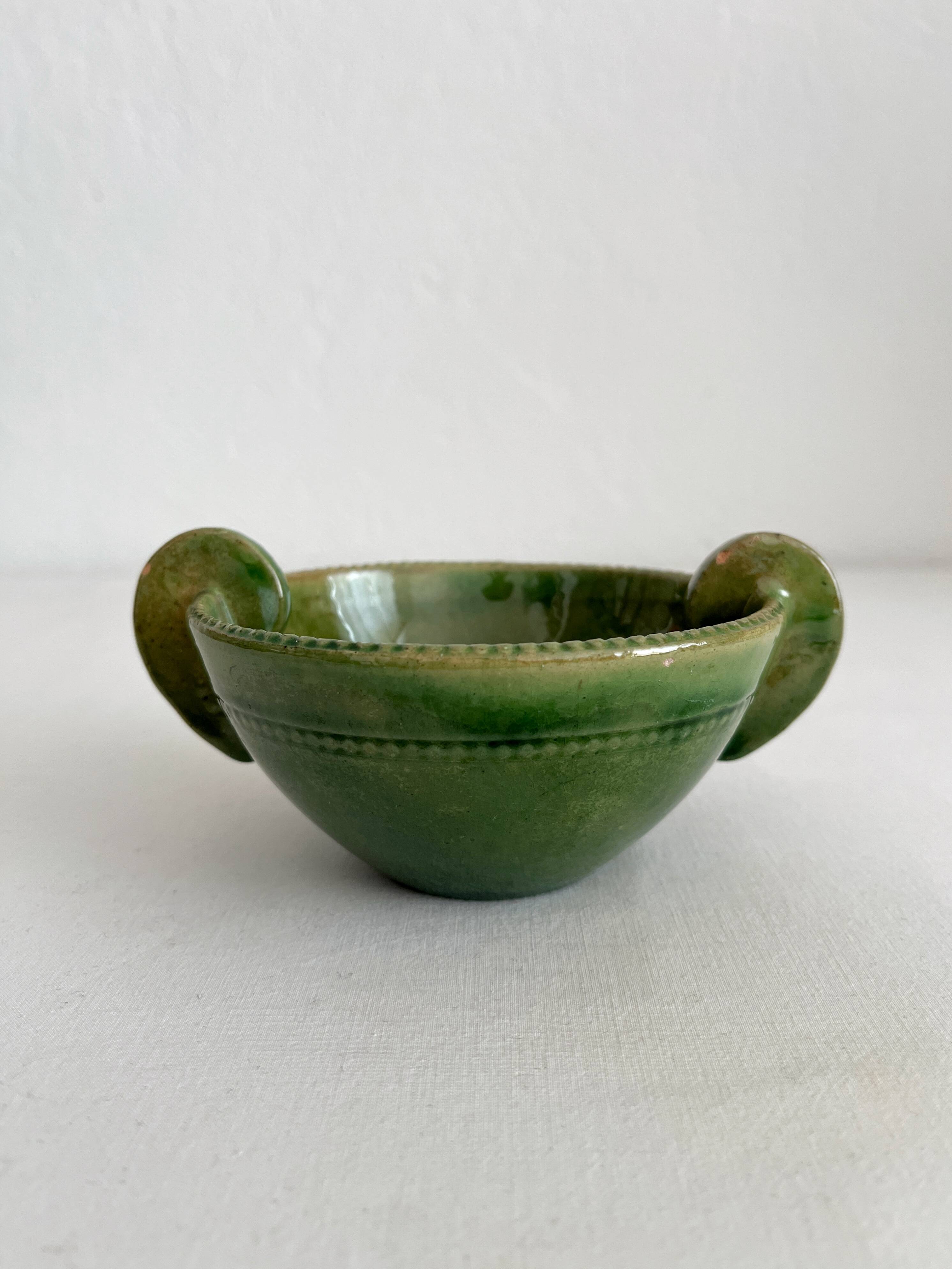 Antique green glazed ceramic bowl with handles, Tamegroute type