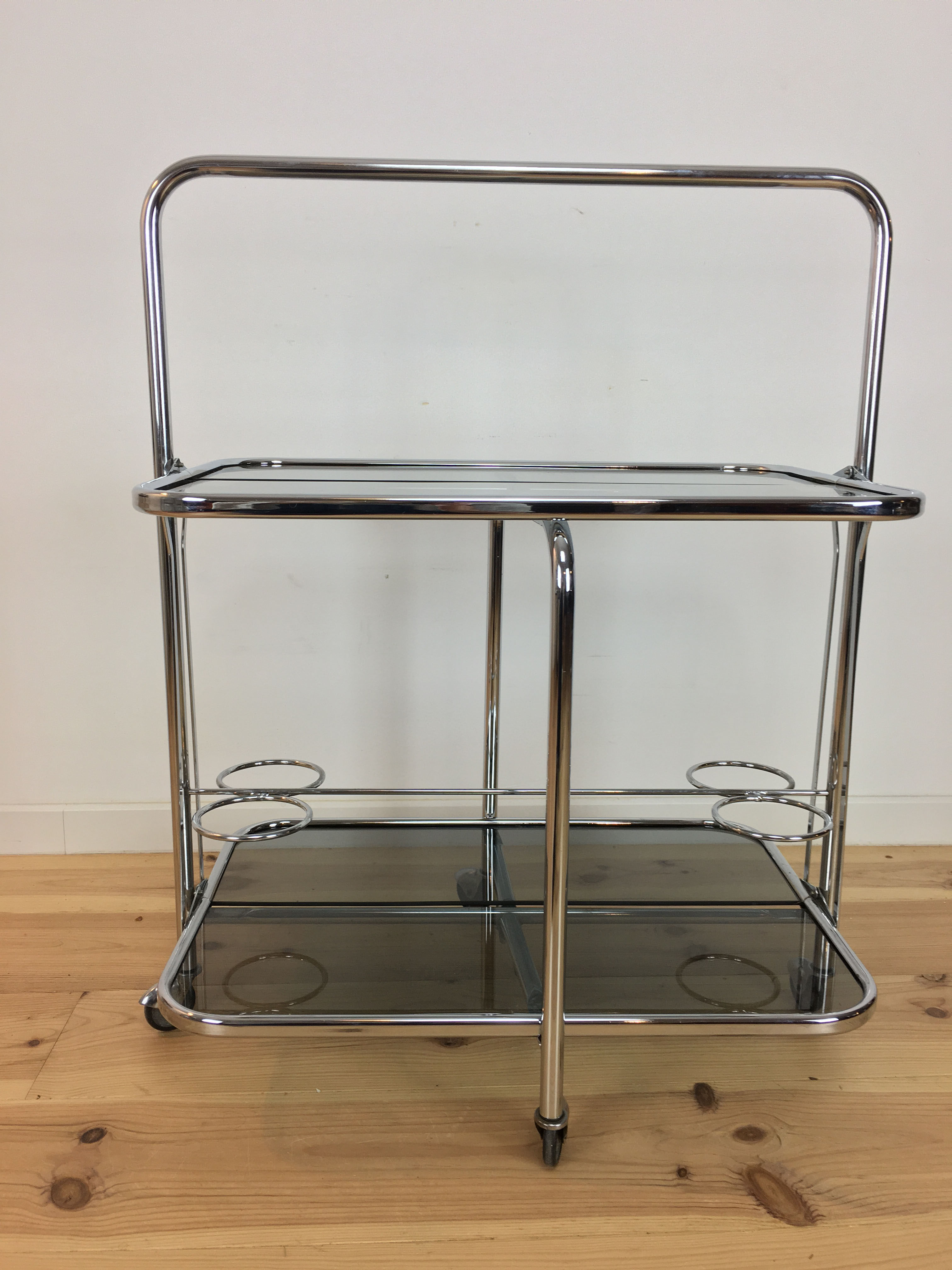 70s chrome folding dessert, smoked glass bar
