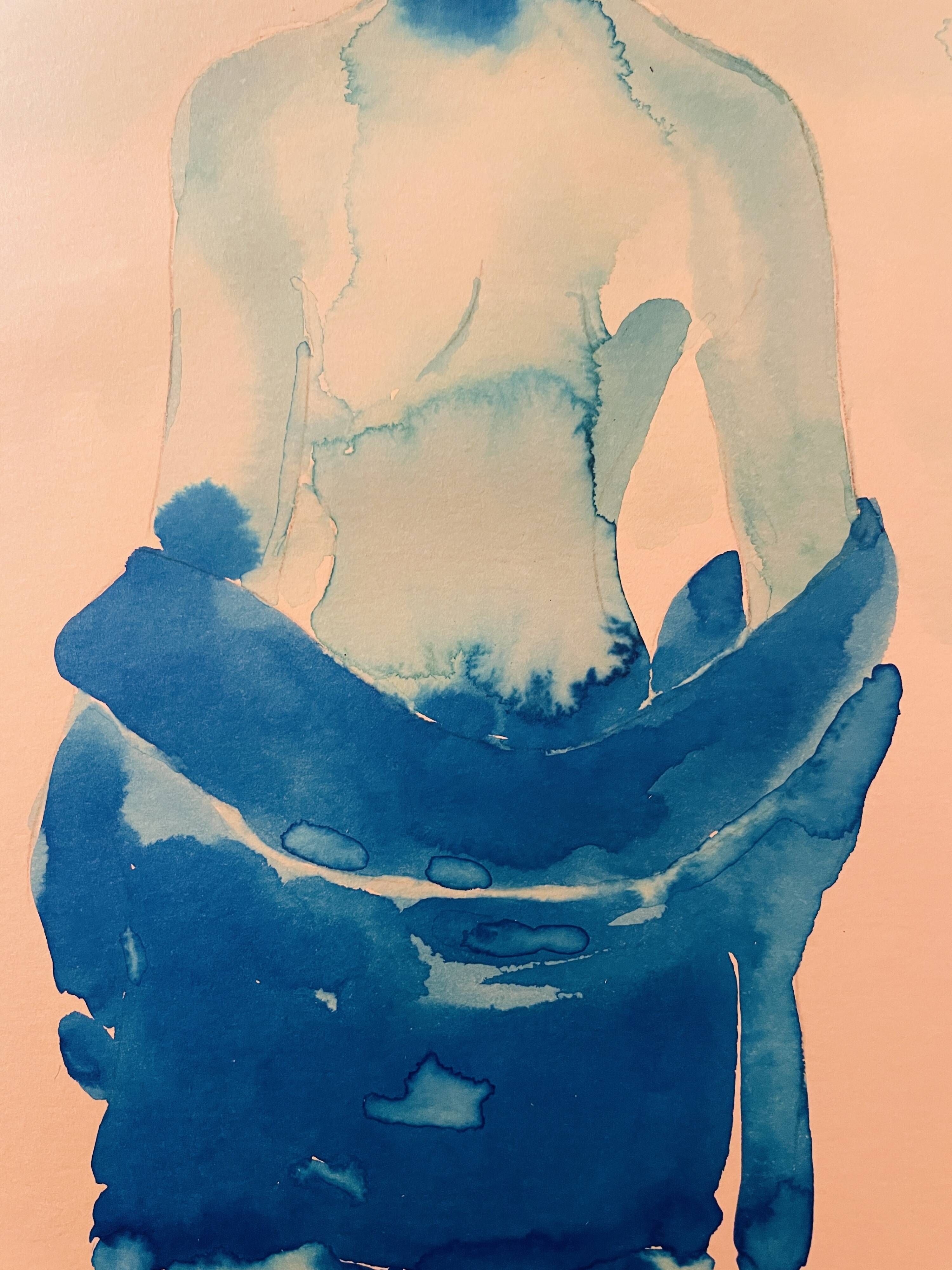 Signed monochrome blue painting of a female portrait "Weekend in Capri" Italy
