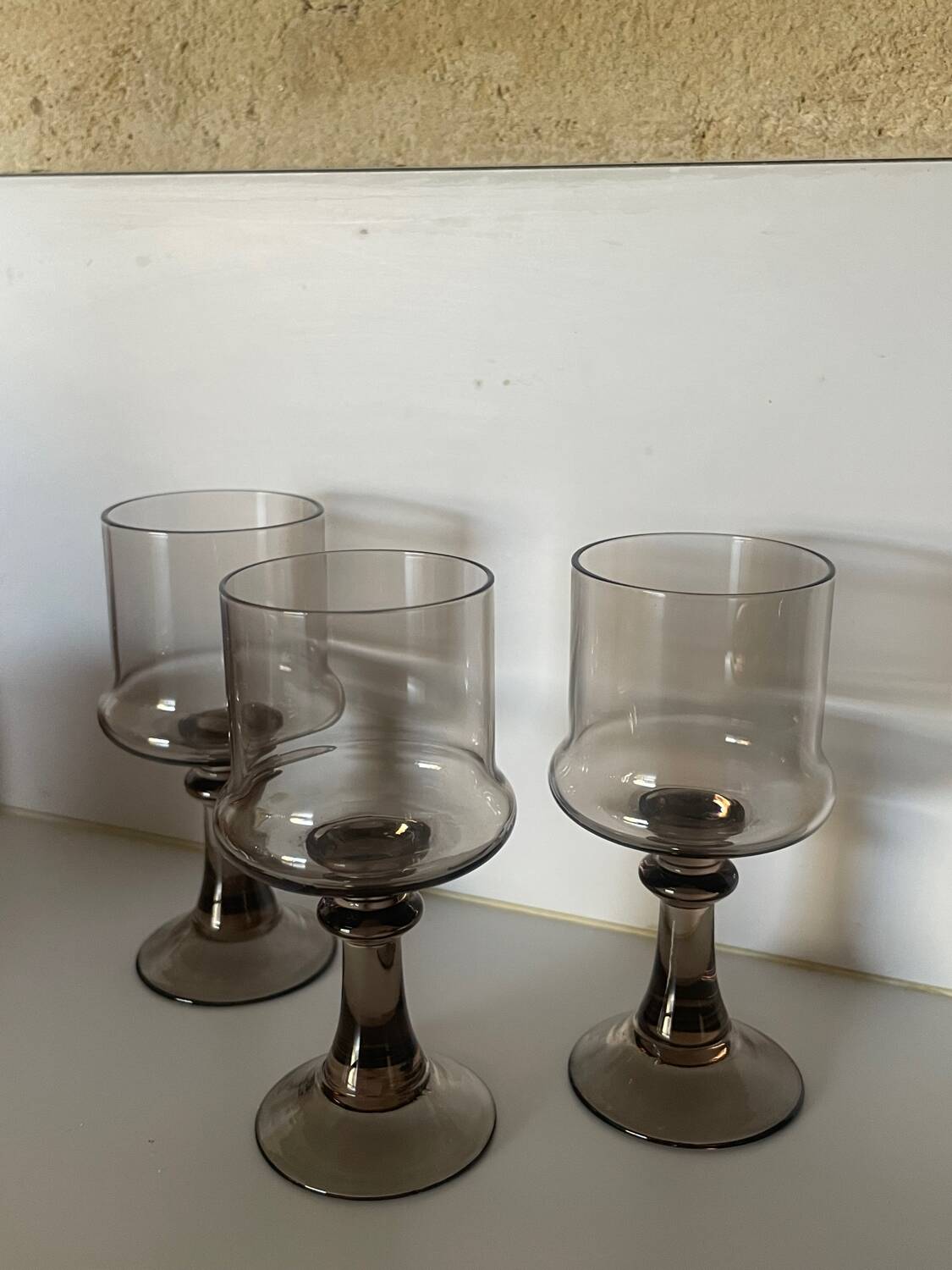3 stemmed digestif glasses, smoked brown glass
