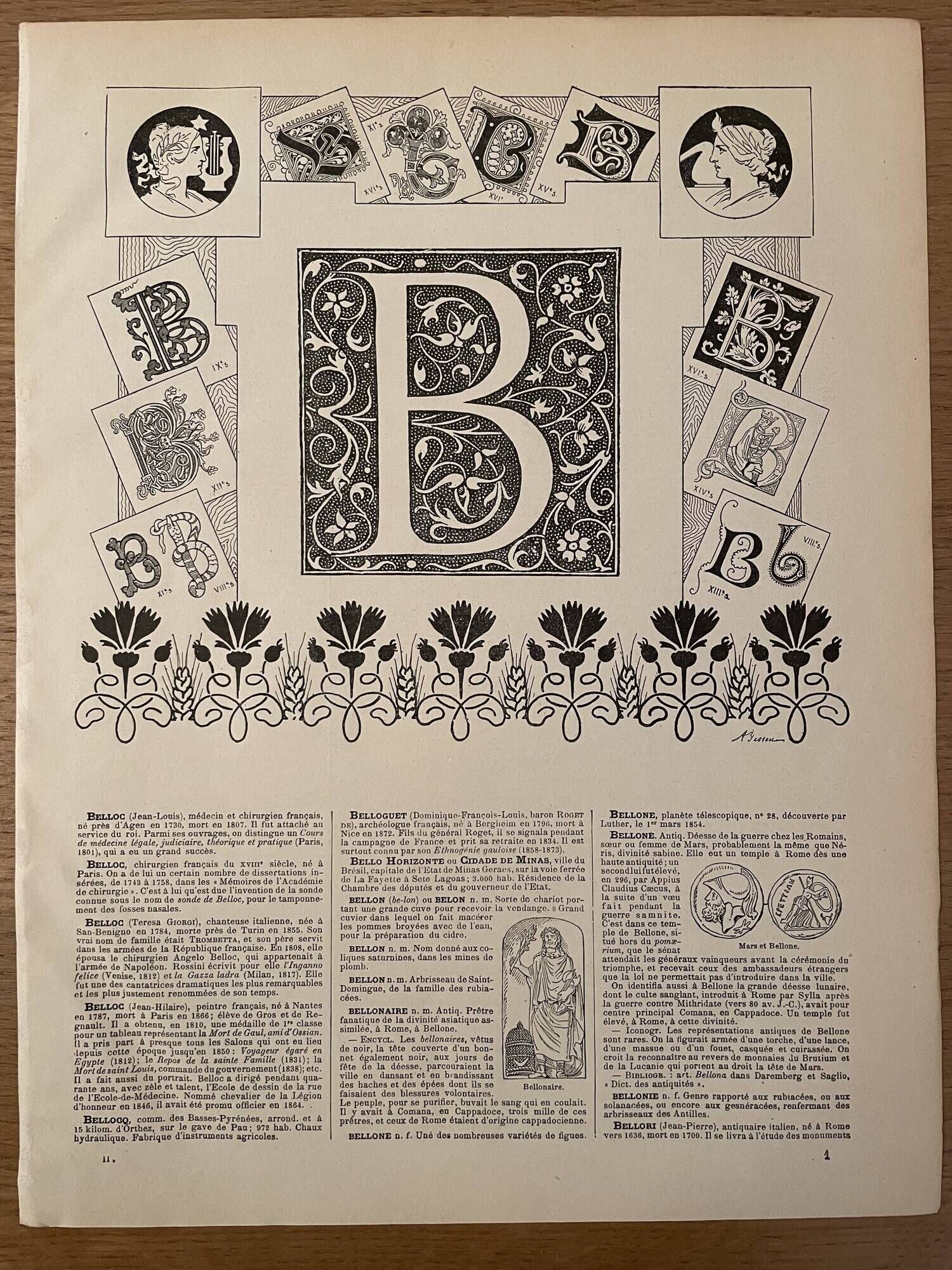 Lithograph engraving alphabet letter B of the New Larousse Illustrated 1897
