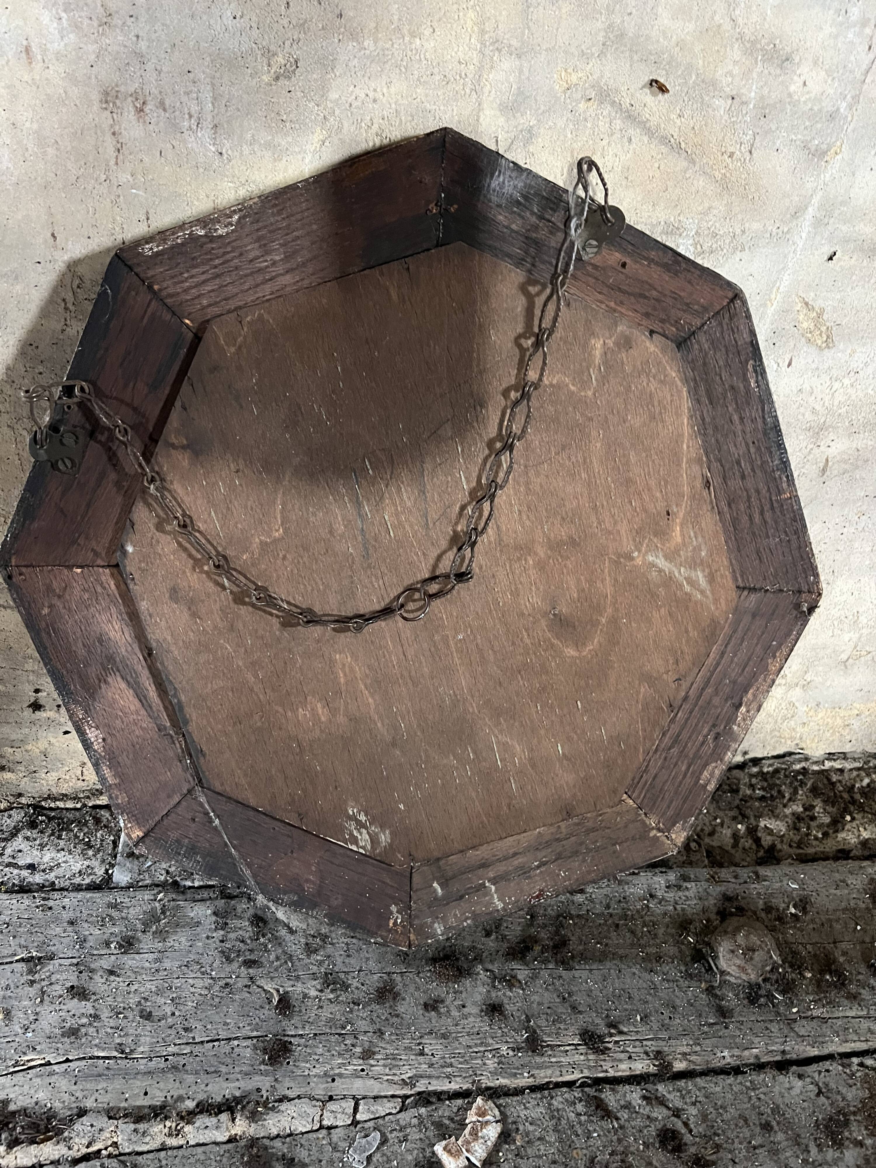 Antique octagonal mirror in dark wood – pearl decoration
