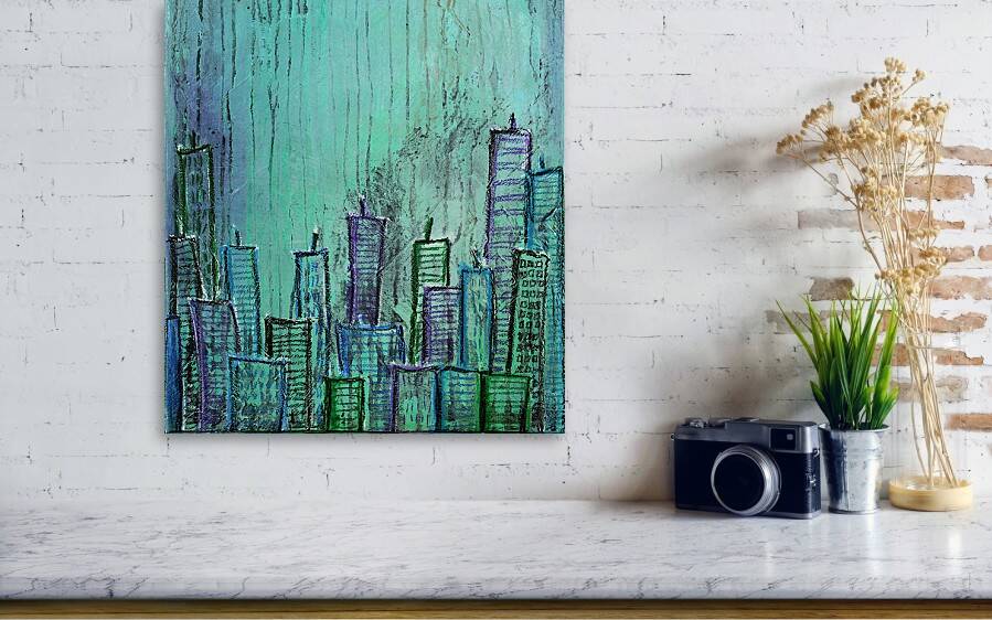 Contemporary paintig in teal, purple and green shades, acrylic on canvas