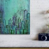 Contemporary paintig in teal, purple and green shades, acrylic on canvas