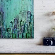 Contemporary paintig in teal, purple and green shades, acrylic on canvas