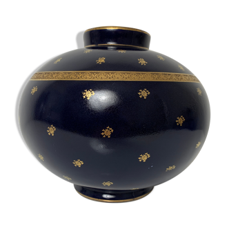 Vase ball blue gold porcelain Limoges decoration florets and ribbon Sevres way