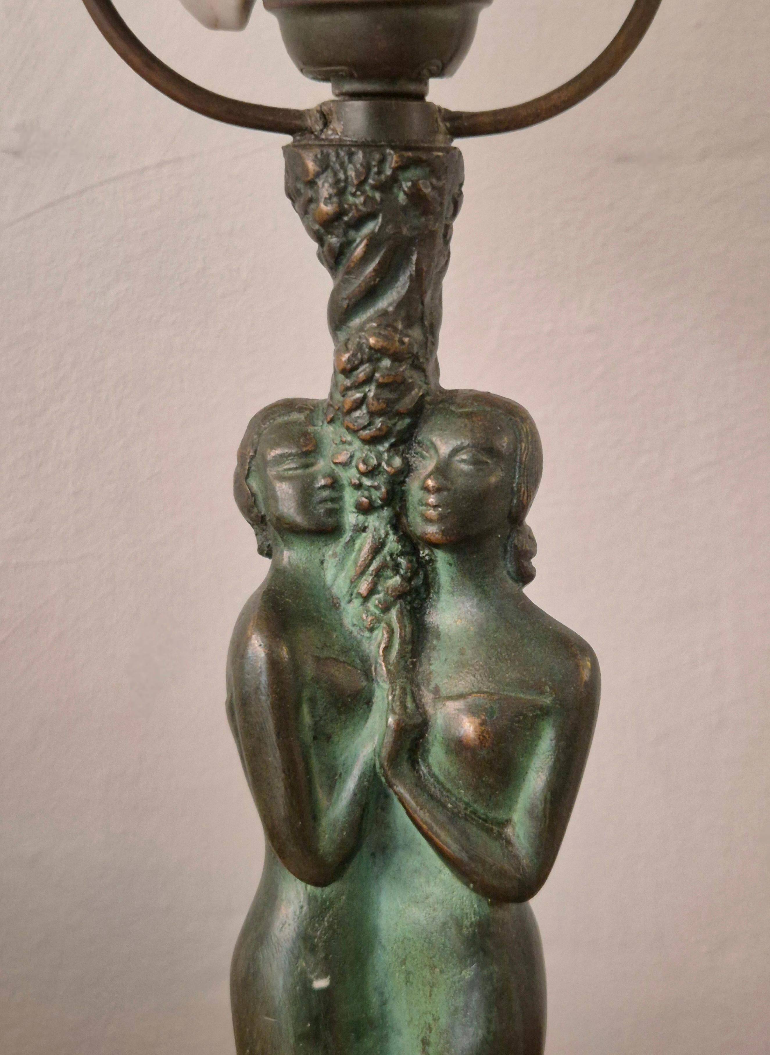 Bronze Table Lamp with Green Marble Base, Scandinavian Greene & Greene 1920/30s