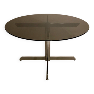 c 1970 - Modernist dining table in smoked glass and chrome-plated steel - France