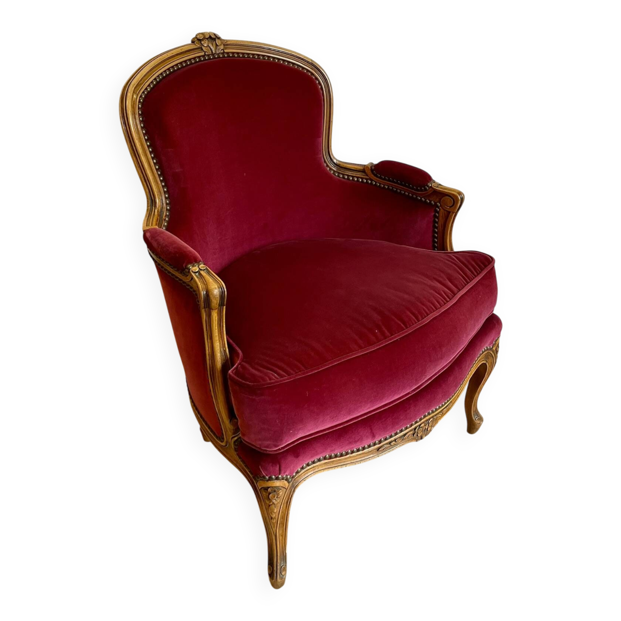 Vintage Louis XV style bergère / cabriolet armchair – Carved wood velvet