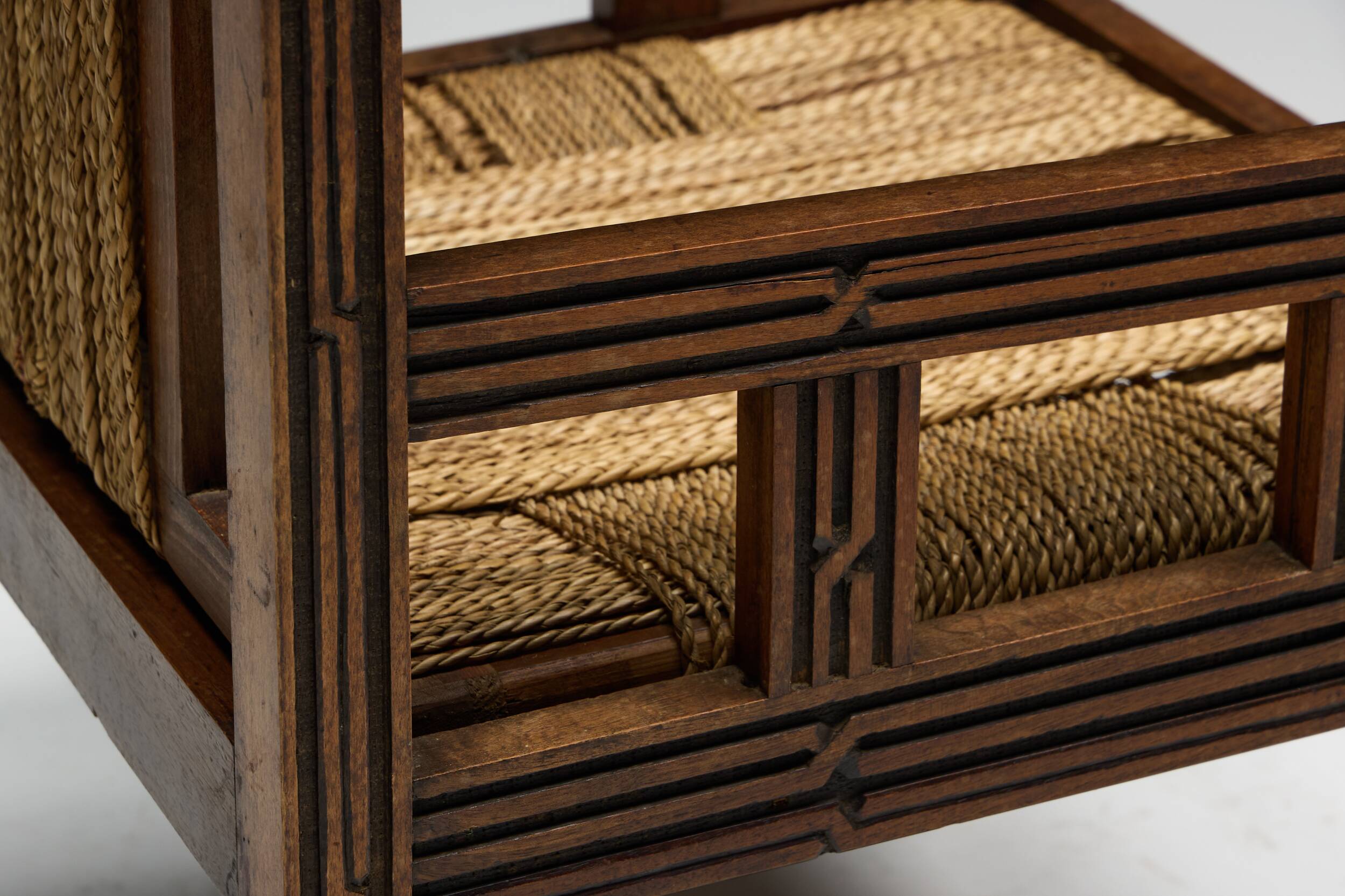 Art Deco Wooden Armchair with Rush Seat, France, 1920s