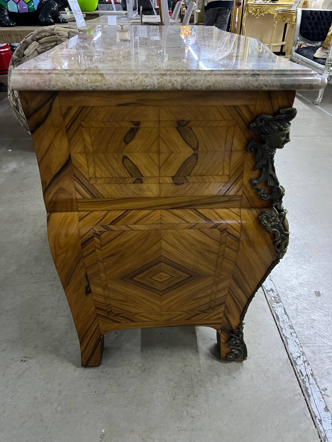 Louis XV style tomb chest of drawers in marquetry and marble