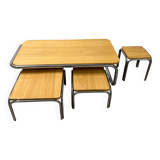 Set of 4 70s nesting coffee tables in metal and solid oak