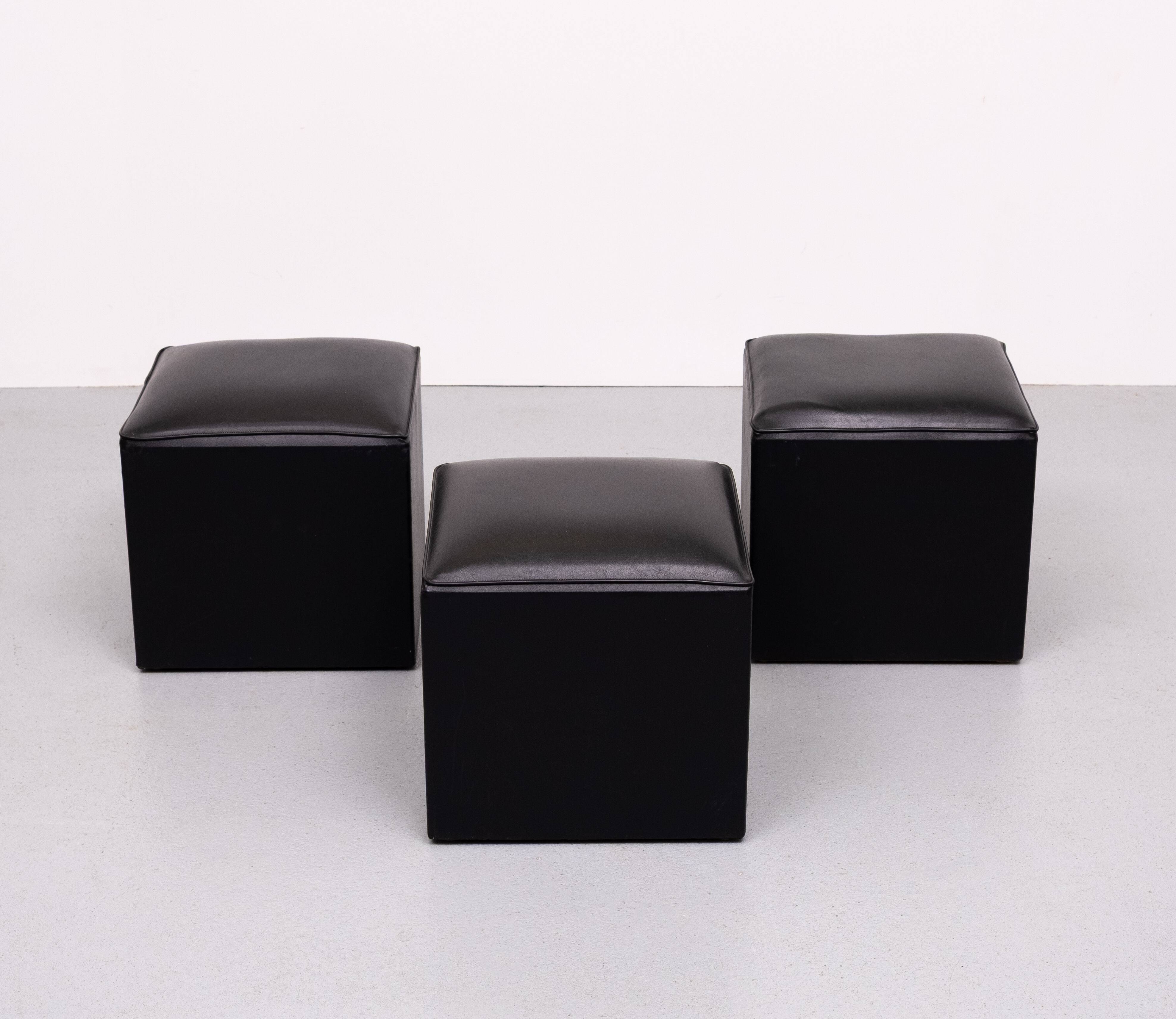 set of 3 Black Faux Leather cube Ottomans 1960s Holland