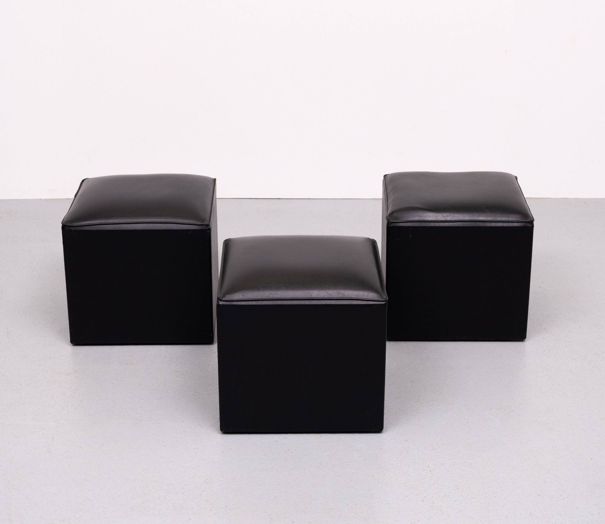 set of 3 Black Faux Leather cube Ottomans 1960s Holland