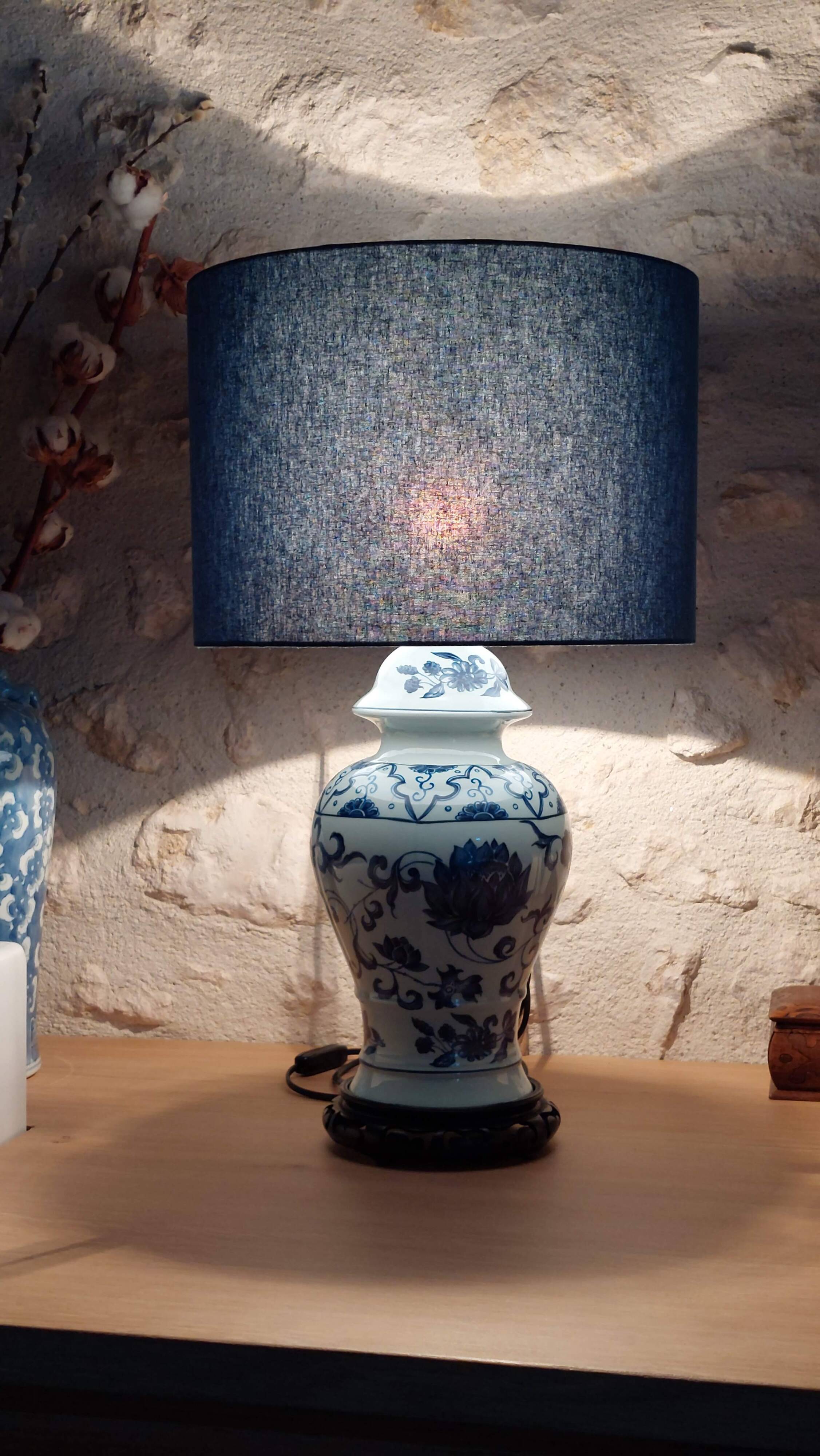 Hand-painted blue and white Paris porcelain lamp, circa 1980