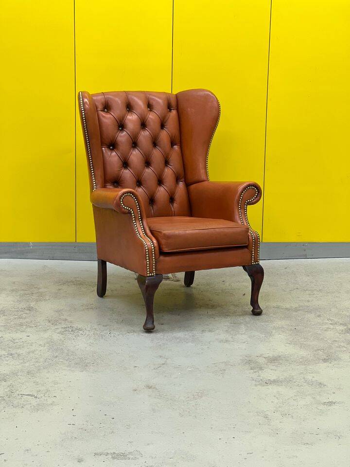 Fauteuil Chesterfield en cuir marron clair vintage