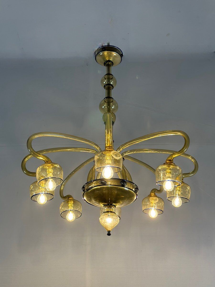 Venetian Art Nouveau chandelier in green and blue Murano glass circa 1920
