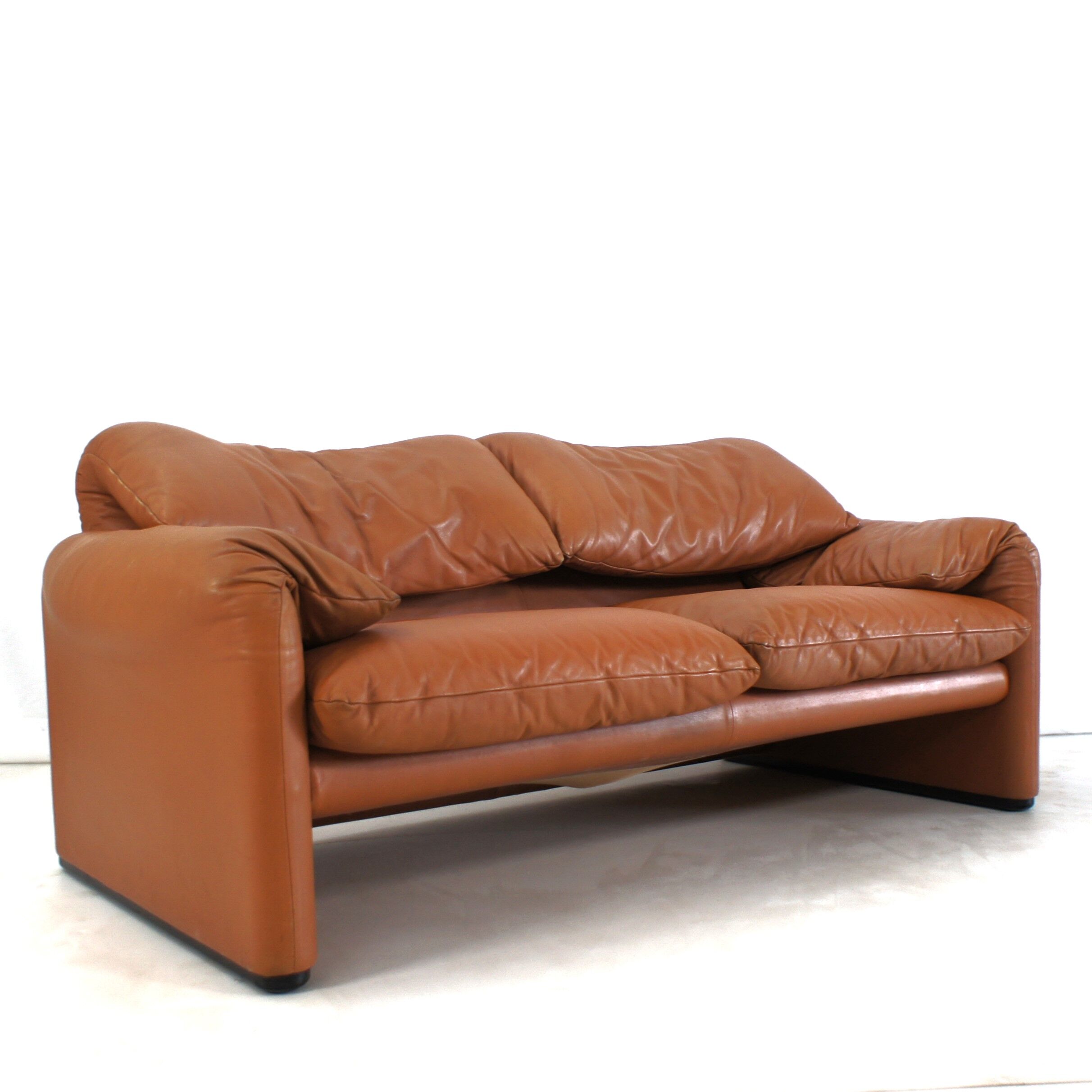 Maralunga leather cognac sofa by Vico Magistretti