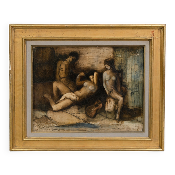 Huile sur toile – scène de nus féminins à la guitare