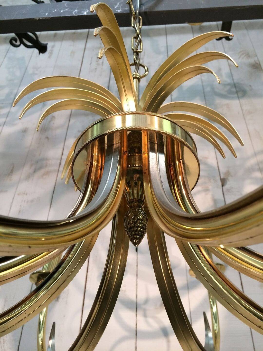 Brushed Metal and Gold Pineapple Pendant Light, Mid-Century Modern, French Work